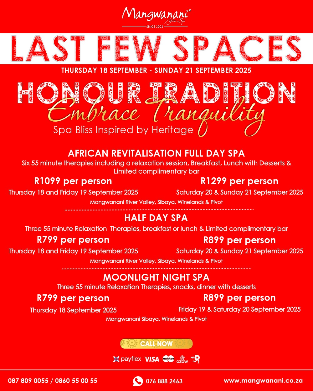 LAST FEW SPACES BOOK NOW
