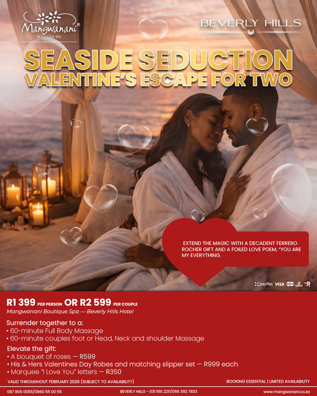 Mangwanani Boutique Spa – Beverly Hills Hotel Seaside Seduction – Valentine’s Escape for Two
