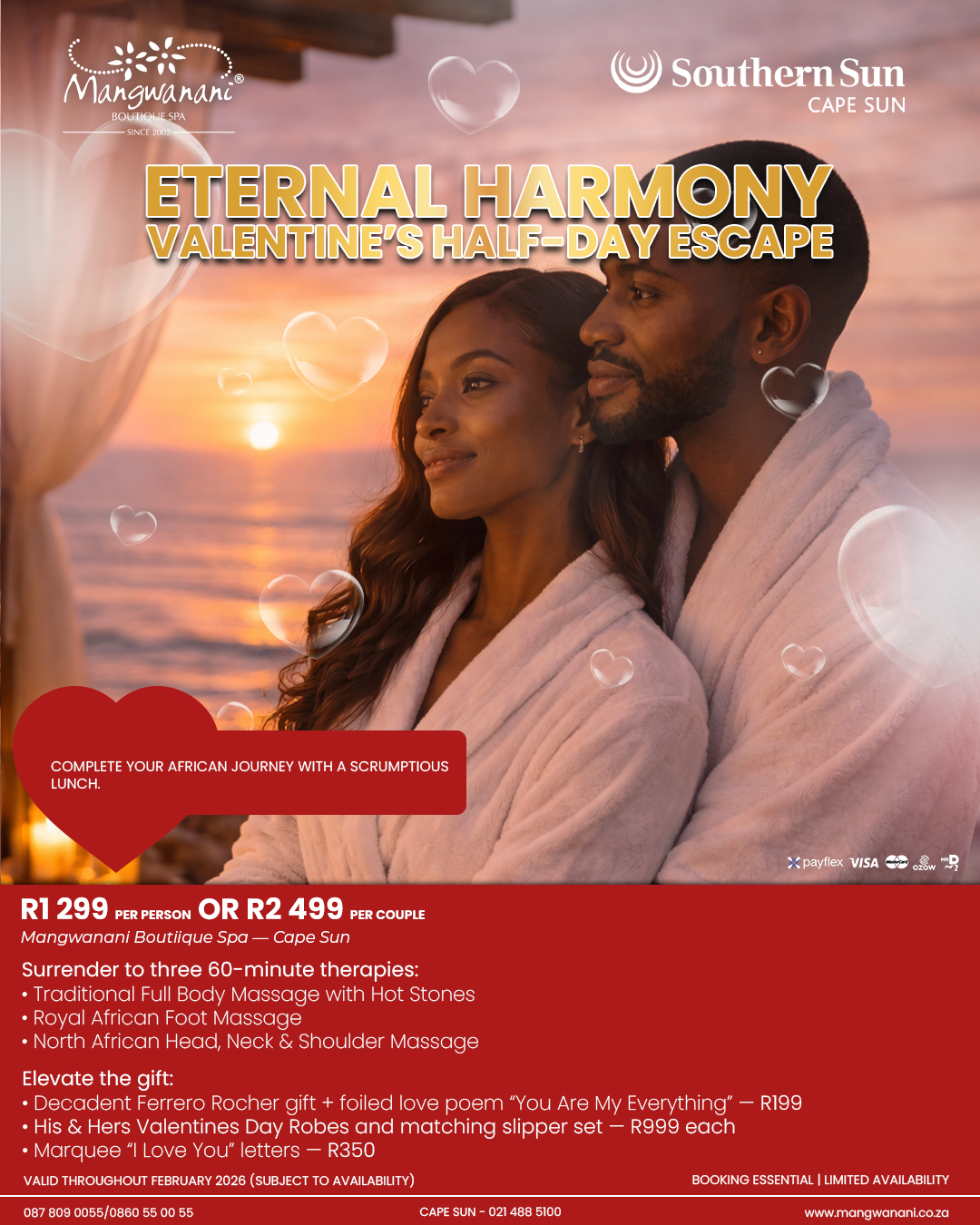 Mangwanani Boutique Spa – Cape Sun (Southern Sun) Eternal Harmony – Valentine’s Half-Day Escape