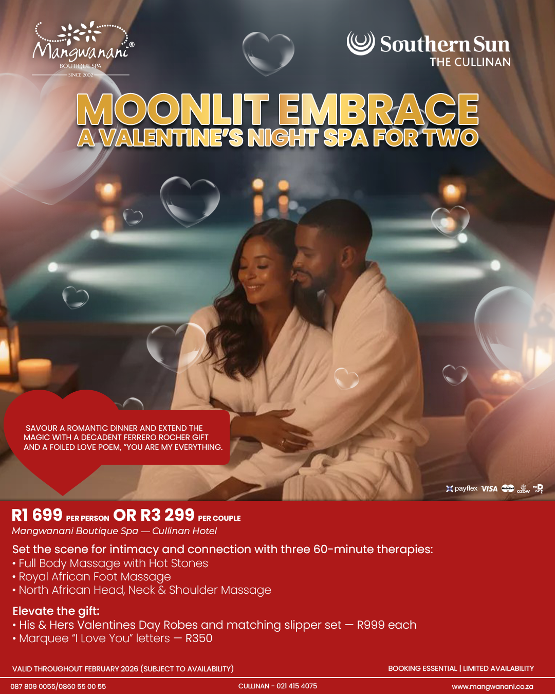 Mangwanani Boutique Spa – The Cullinan (Southern Sun) Moonlit Embrace – A Valentine’s Night Spa for Two